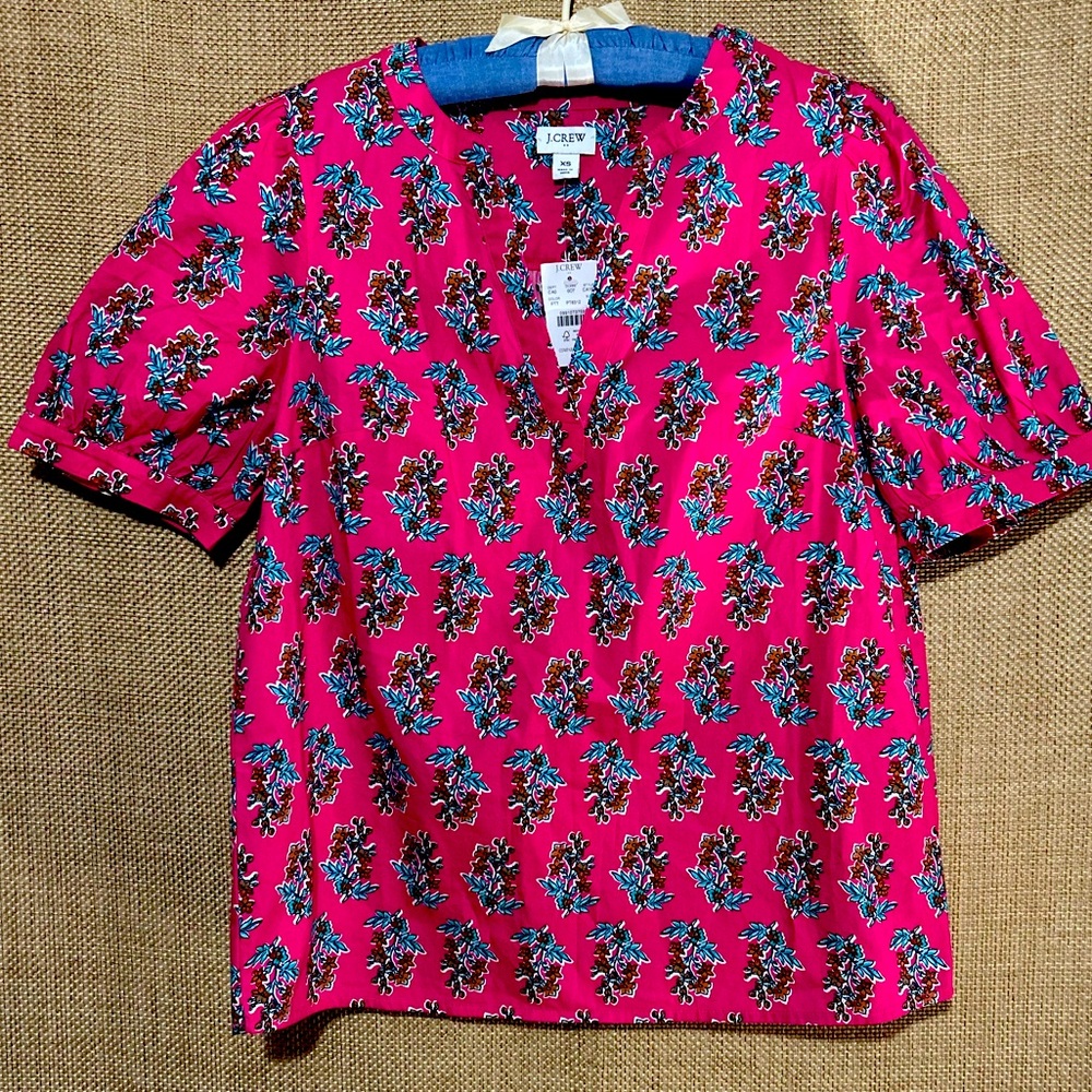 J. Crew Top XS New Pink Floral Puff Sleeve Cotton Shirt Blouse MSRP $79 NWT - Picture 3 of 4